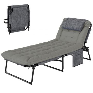 Outsunny Sezlong pliabil cu spatar inclinabil pe 4 nivele, Scaun de plaja pentru exterior cu perna, buzunar lateral,tetiera, Gri