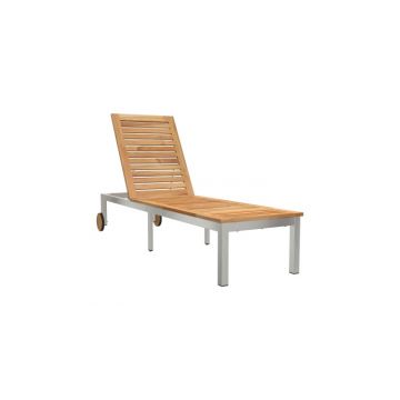 Sezlong cu roti 207x58x35 cm din lemn masiv de acacia si otel inoxidabil